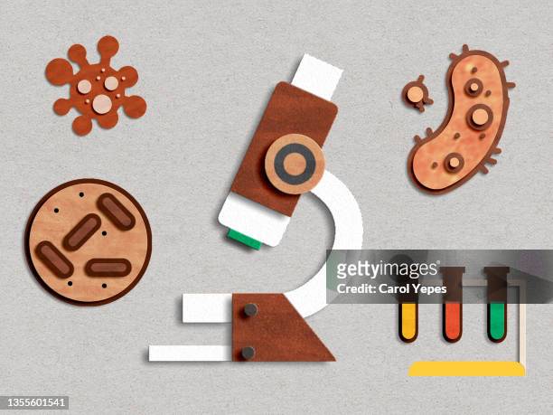 paperwork microscope, virus and bacterias petri dish. - microscope illustration stock pictures, royalty-free photos & images