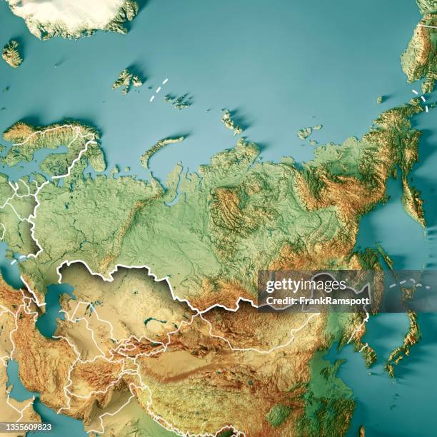 russland 3d render topografische karte farbrand - russia map stock-fotos und bilder