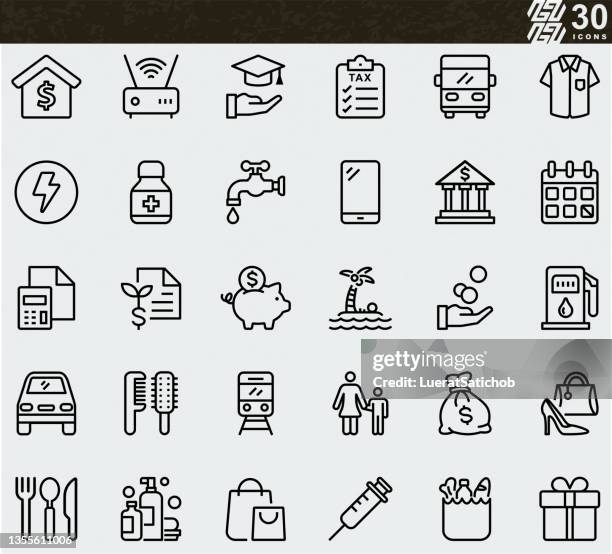 ausgaben , einkommen , darlehen , hauskosten , nebenkosten , bank , finanzen , familie , monatsende , geld , bildung , planing line icons - home budget stock-grafiken, -clipart, -cartoons und -symbole