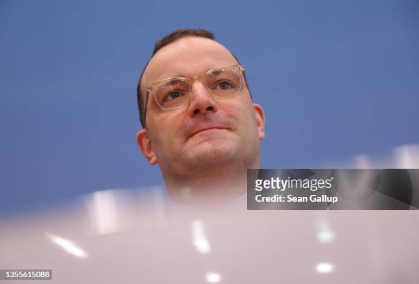 Acting German Health Minister Jens Spahn arrives to speak to the media during the fourth wave of the coronavirus pandemic on November 26, 2021 in...