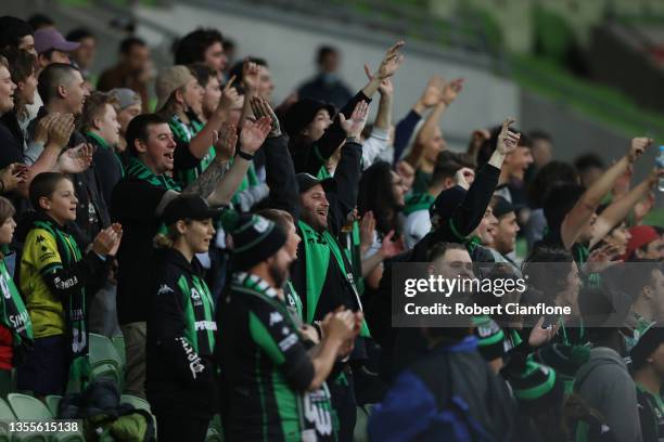 Fans cheer during the A-League match between Western United and Perth Glory at AAMI Park, on November 26 in Melbourne, Australia.