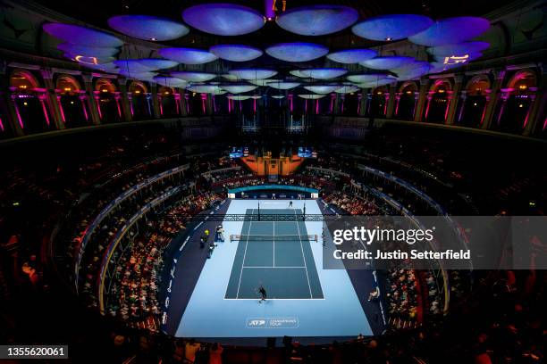 Mark Philippoussis of Australia serves against Greg Rusedski of Great Britain during the ATP Champions Tour Tennis at the Royal Albert Hall on...