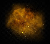 Gold dust sequins, cloudy abstract elements on transparent background, gold sequins. Vector illustration.