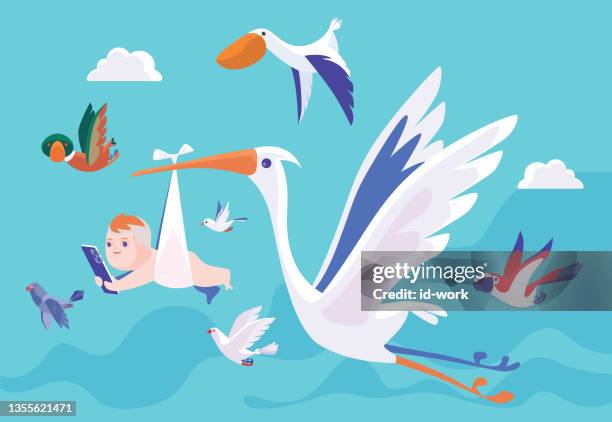 stockillustraties, clipart, cartoons en iconen met stork delivering new born baby who is looking at smartphone with birds - stork