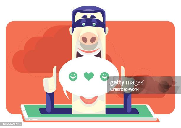 scammer gesturing thumbs up and eating speech bubble with smartphone - praise emoji stock illustrations
