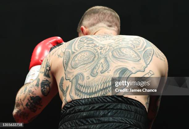 Detailed view of a skull tattoo on the back of Jack Ewbank during the Welterweight fight between Saqib Khan and Jack Ewbank as part of the Wasserman...