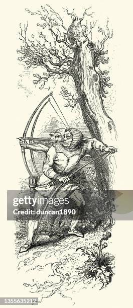 ilustrações de stock, clip art, desenhos animados e ícones de medieval archers stringing and shooting longbow, bows, arrows, archery, soldiers, outlaws - arco de arqueiro