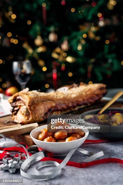 traditional danish christmas dinner of flæskesteg - christmas denmark stock pictures, royalty-free photos & images