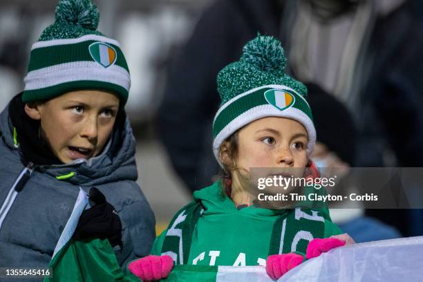 November 25: Young Irish fans during the Republic of Ireland V Slovakia FIFA World Cup Qualifying match at Tallaght Stadium on November 25th, 2021 in...