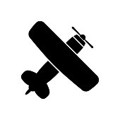 Biplane icon. Black silhouette. Top view. Vector flat graphic illustration. The isolated object on a white background. Isolate.