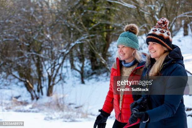 romantic morning walks - mature couple winter outdoors stockfoto's en -beelden