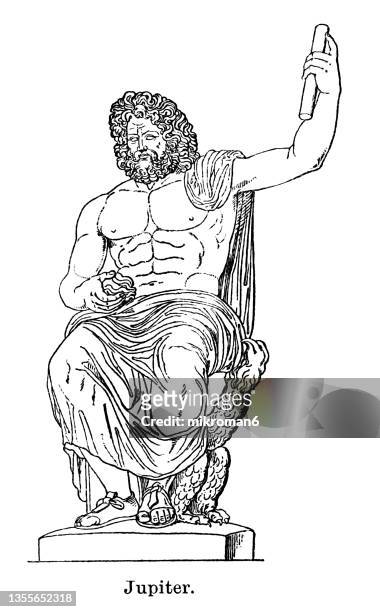 old engraved illustration of jupiter, king of the gods in roman mythology - griechischer gott stock-fotos und bilder