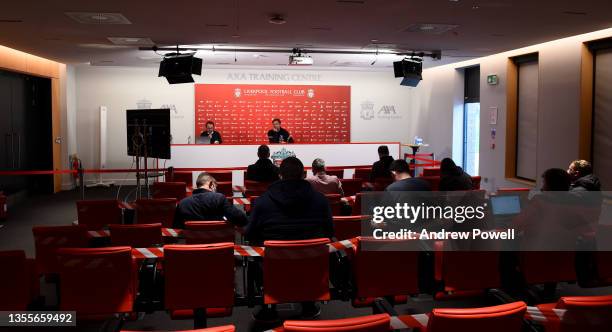 Jurgen Klopp manager of Liverpool during a Press Conference at AXA Training Centre on November 26, 2021 in Kirkby, England.