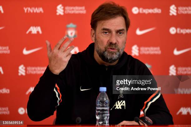 Jurgen Klopp manager of Liverpool during a Press Conference at AXA Training Centre on November 26, 2021 in Kirkby, England.