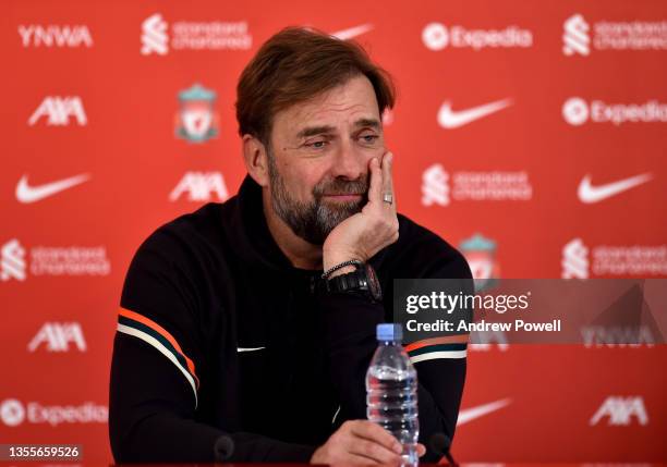 Jurgen Klopp manager of Liverpool during a Press Conference at AXA Training Centre on November 26, 2021 in Kirkby, England.