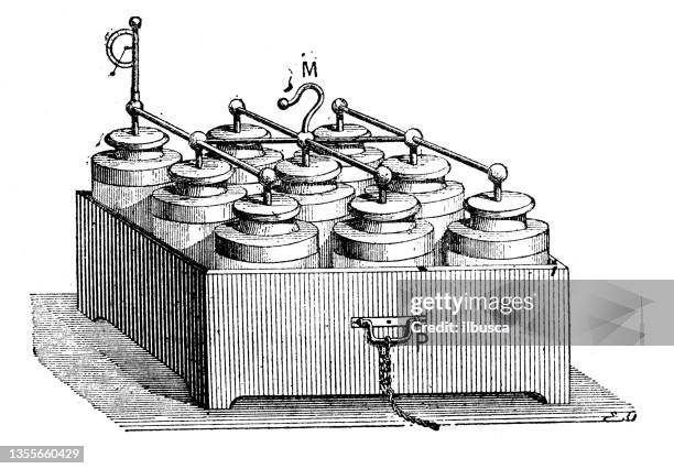 antique illustration: leyden jar battery - leyden jar stock illustrations
