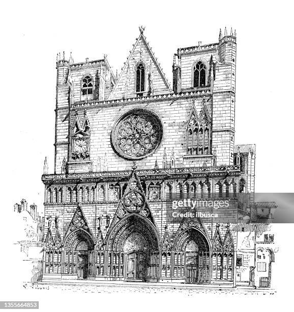 antique illustration: lyon, cathedral saint jean - vieux lyon stock illustrations