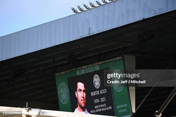 Screen show's a picture of Bertie Auld inside Celtic Park stadium during his funeral, which is taking place at St Mary’s in Calton, on November 26,...