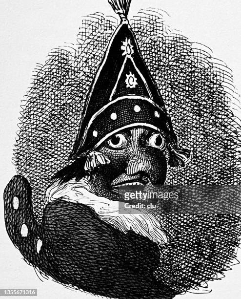 ugly strange male face with triangle hat - bizarre fashion stock illustrations