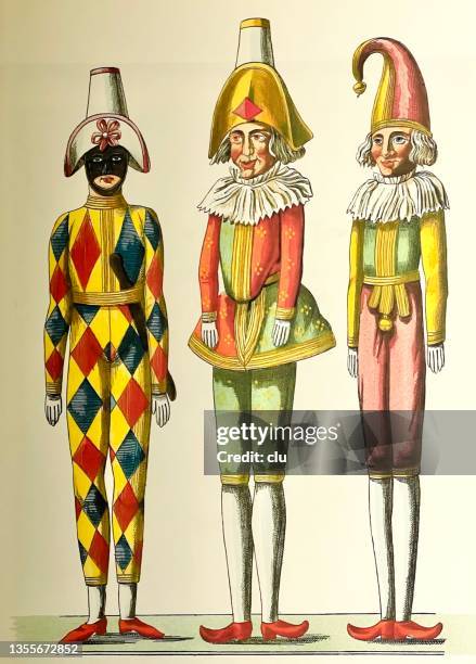 19世紀の3つの人形が連続して立ち上がって、正面図 - 道化師点のイラスト素材／クリップアート素材／マンガ素材／アイコン素材