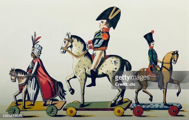 thre toy soldiers riding on horses of the 19th century - puppeteer stock illustrations