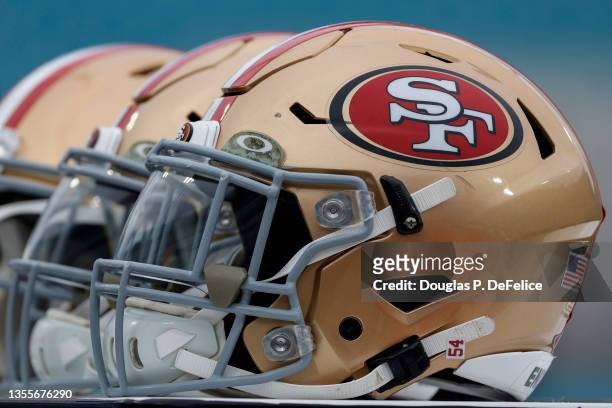 General view of San Francisco 49ers helmets prior to the game against the Jacksonville Jaguars at TIAA Bank Field on November 21, 2021 in...