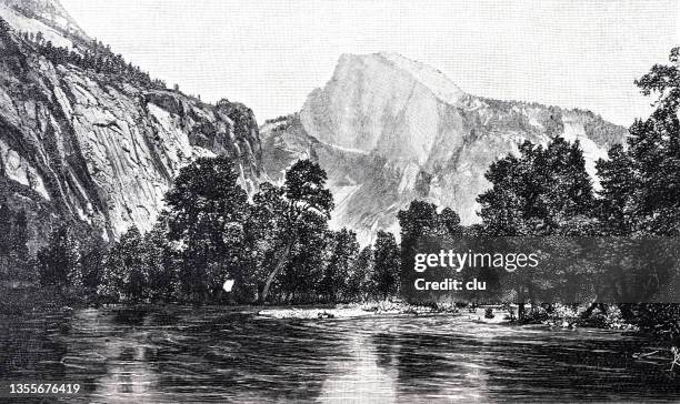 merced river, half dome - half dome yosemite stock illustrations