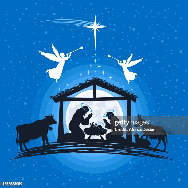 ilustraciones, imágenes clip art, dibujos animados e iconos de stock de belén de navidad. ¡oh noche santa! - texto religioso