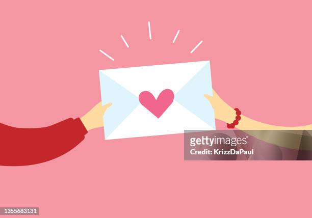 liebesbrief. ein mann gibt einem mädchen einen liebesbrief. romantisch. - love letter stock-grafiken, -clipart, -cartoons und -symbole