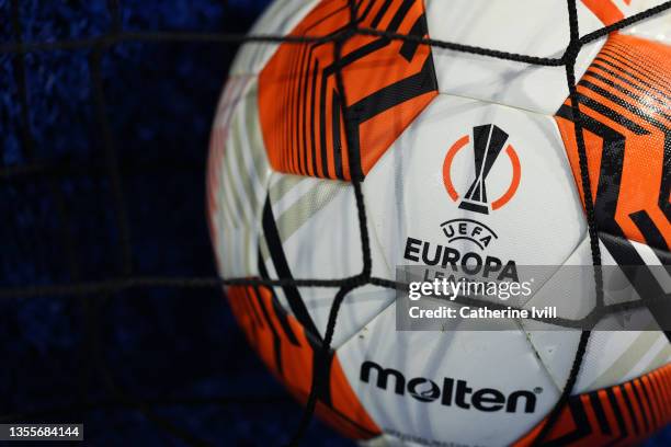 Detailed view of the Europa League logo on the The Molten match ball ahead of the UEFA Europa League group C match between Leicester City and Legia...