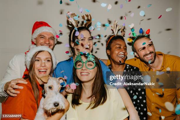 friend's portrait at new year's celebration party! - pets christmas stock pictures, royalty-free photos & images