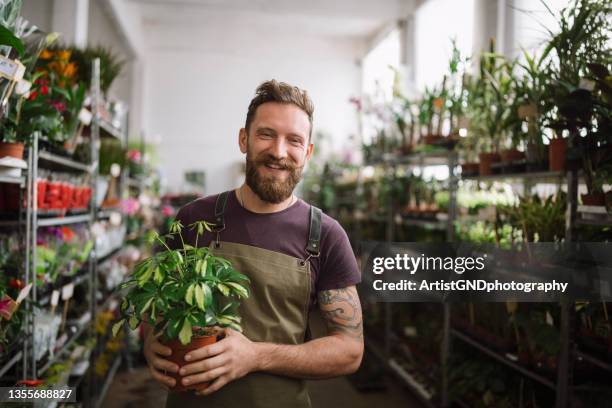 hombre florista de pie en una tienda de flores y plantas sosteniendo una planta en maceta - florista fotografías e imágenes de stock