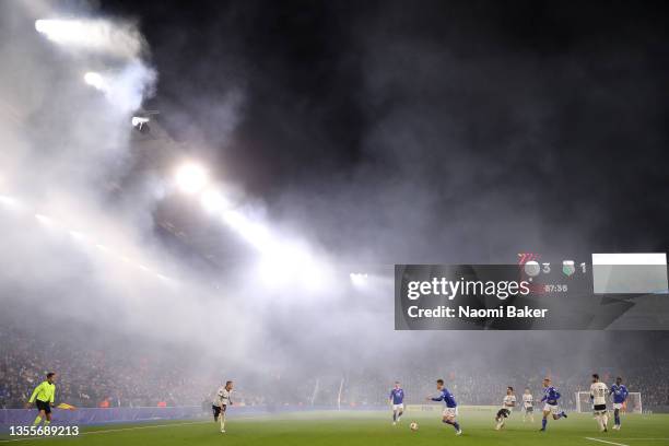 General view inside the stadium as smoke fills the stadium due to the flares set off by the away fans during the UEFA Europa League group C match...