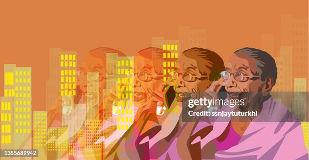 an old woman is talking with family , - helping elderly parent stock illustrations