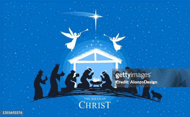 ilustraciones, imágenes clip art, dibujos animados e iconos de stock de belén de navidad. noche santa. ¡el nacimiento de cristo! - pastor de ovejas