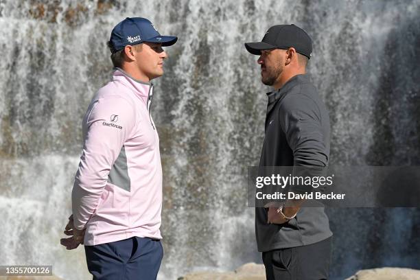 Bryson DeChambeau and Brooks Koepka pose for photos during Capital One's The Match V: Bryson v Brooks at Wynn Golf Course on November 26, 2021 in Las...