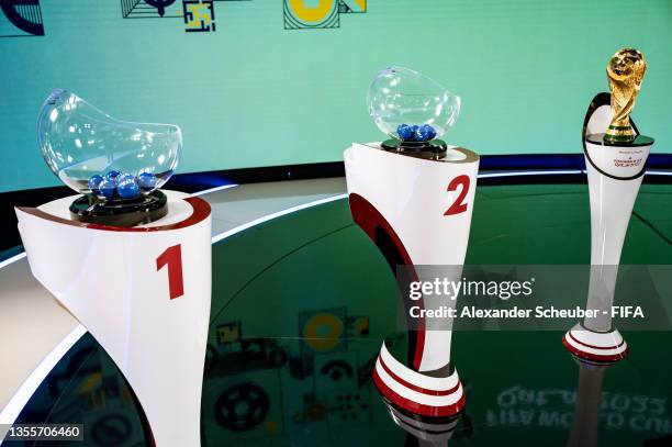 The FIFA World Cup is on display during the FIFA World Cup Qatar 2022 European Play-Off Draw on November 26, 2021 in Zurich, Switzerland.