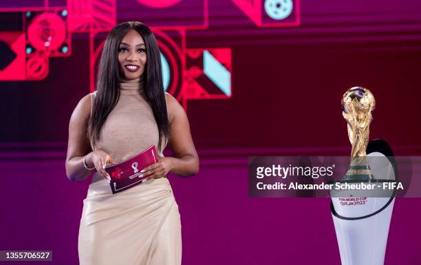 Draw presenter Samantha Johnson is seen during the FIFA World Cup Qatar 2022 European Play-Off Draw on November 26, 2021 in Zurich, Switzerland.