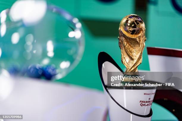 The FIFA World Cup is on display during the FIFA World Cup Qatar 2022 European Play-Off Draw on November 26, 2021 in Zurich, Switzerland.