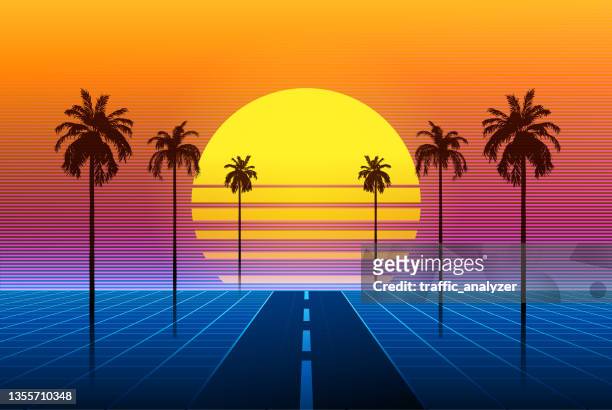 stockillustraties, clipart, cartoons en iconen met synthwave retro background - palm trees - driving sun