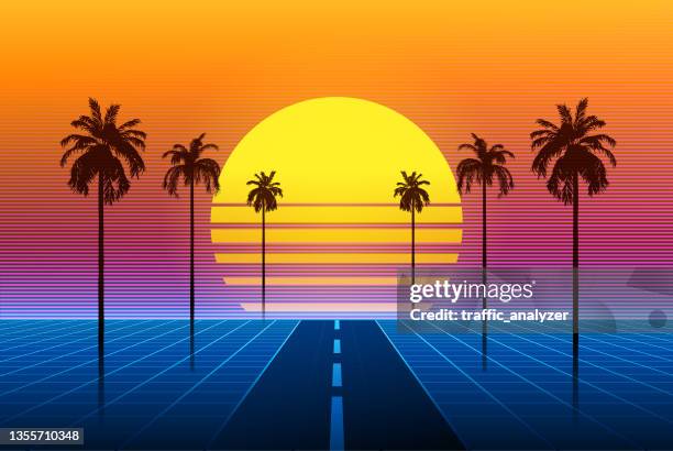 synthwave retro background - palm trees - polygon tree stock illustrations