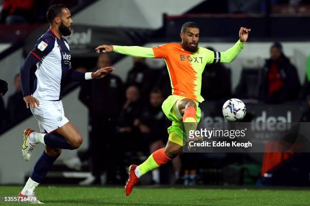 Lewis Grabban of Nottingham Forest battles for the ball with Kyle Bartley of West Bromwich Albion during the Sky Bet Championship match between West...