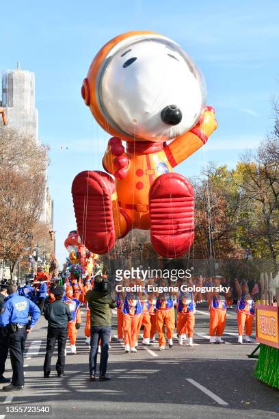 Astronaut Snoopy balloon arrives as 95 And Marching On! Macy's Parade® Thanksgiving Day ushers in the Holiday Season on November 25, 2021 in New York...
