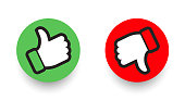 Thumbs up and thumbs down, like and deslike symbos. Green and blue buttons. Vector design