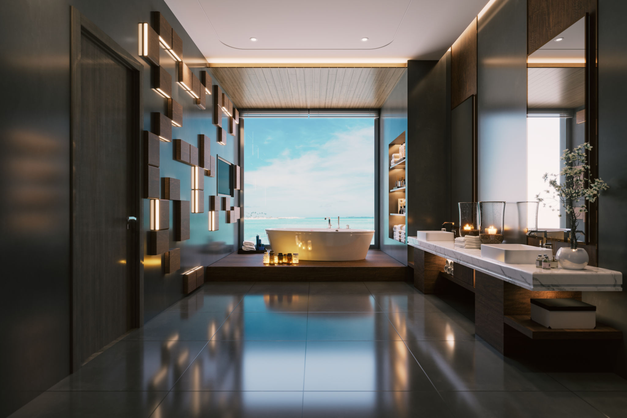 Modern Luxury Bathroom Interior With hot tub And Beautiful Sea View Modern Luxury Bathroom Interior With hot tub And Beautiful Sea View