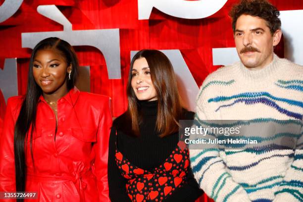 French actress Fatou Kaba, French singer Jenifer Bartoli and French actor Damien Bonnard attend the "Tous En Scenes 2 - Sing 2" premiere at Le Grand...