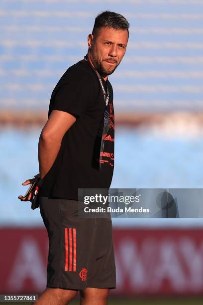Diego Alves Goalkeeper of Flamengo looks on during field scouting during the scouting ahead of CONMEBOL Libertadores 2021final between Palmeiras and...