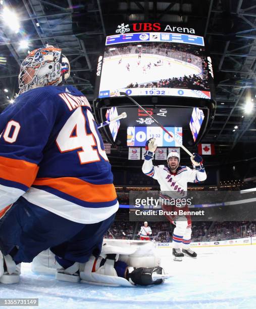 Andy Andreoff of the New York Islanders celebrates his third period goal against Igor Shesterkin of the New York Rangers at the UBS Arena on November...