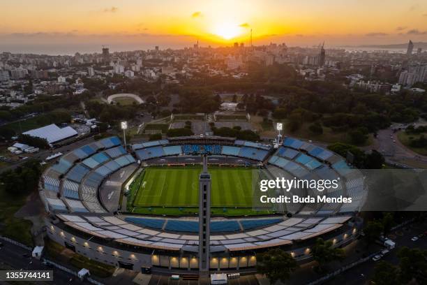 Aerial view of Centenario Stadium on November 26, 2021 in Montevideo, Uruguay. Flamengo and Palmeiras will play the final of Copa CONMEBOL...