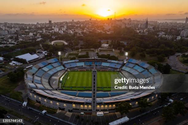 Aerial view of Centenario Stadium on November 26, 2021 in Montevideo, Uruguay. Flamengo and Palmeiras will play the final of Copa CONMEBOL...